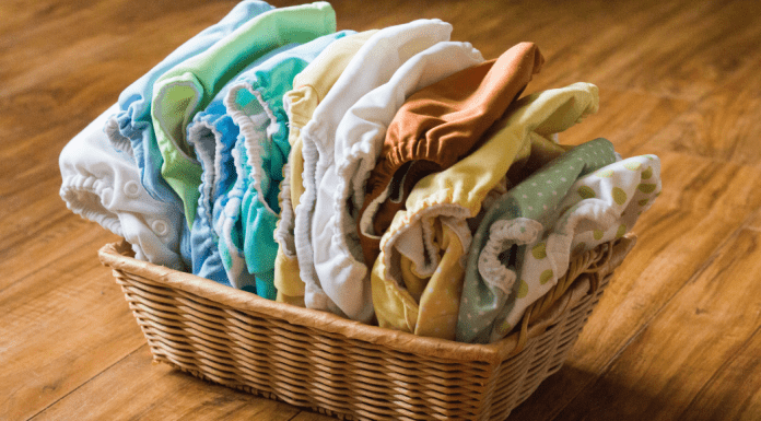 A basket full of cloth diapers.