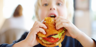 A boy eating a cheeseburger