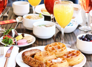 A table full of brunch foods.