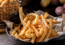 A plate of French fries.