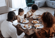 A family eating a meal together.