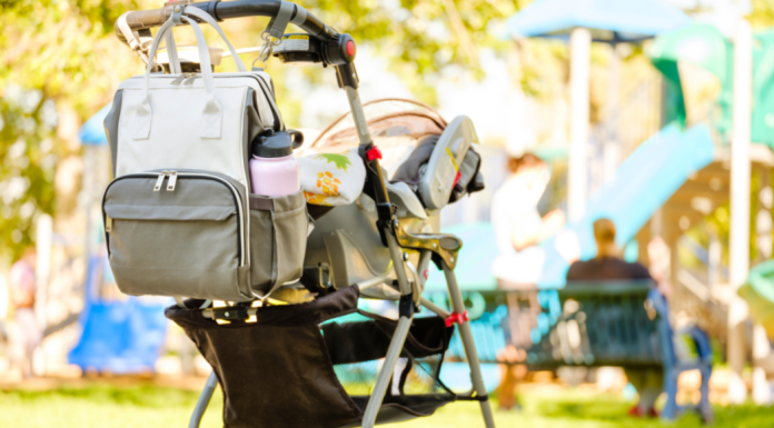 A stroller and diaper bag full of the best baby products.