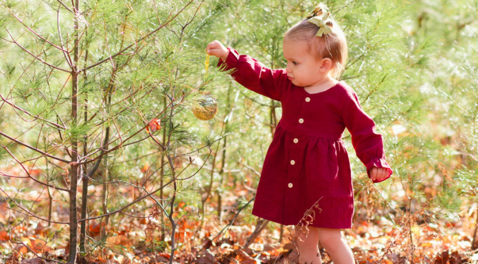 A toddler girl putting ornaments on a tree at a farm.