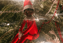 An Elf on the Shelf sitting in the Christmas tree.